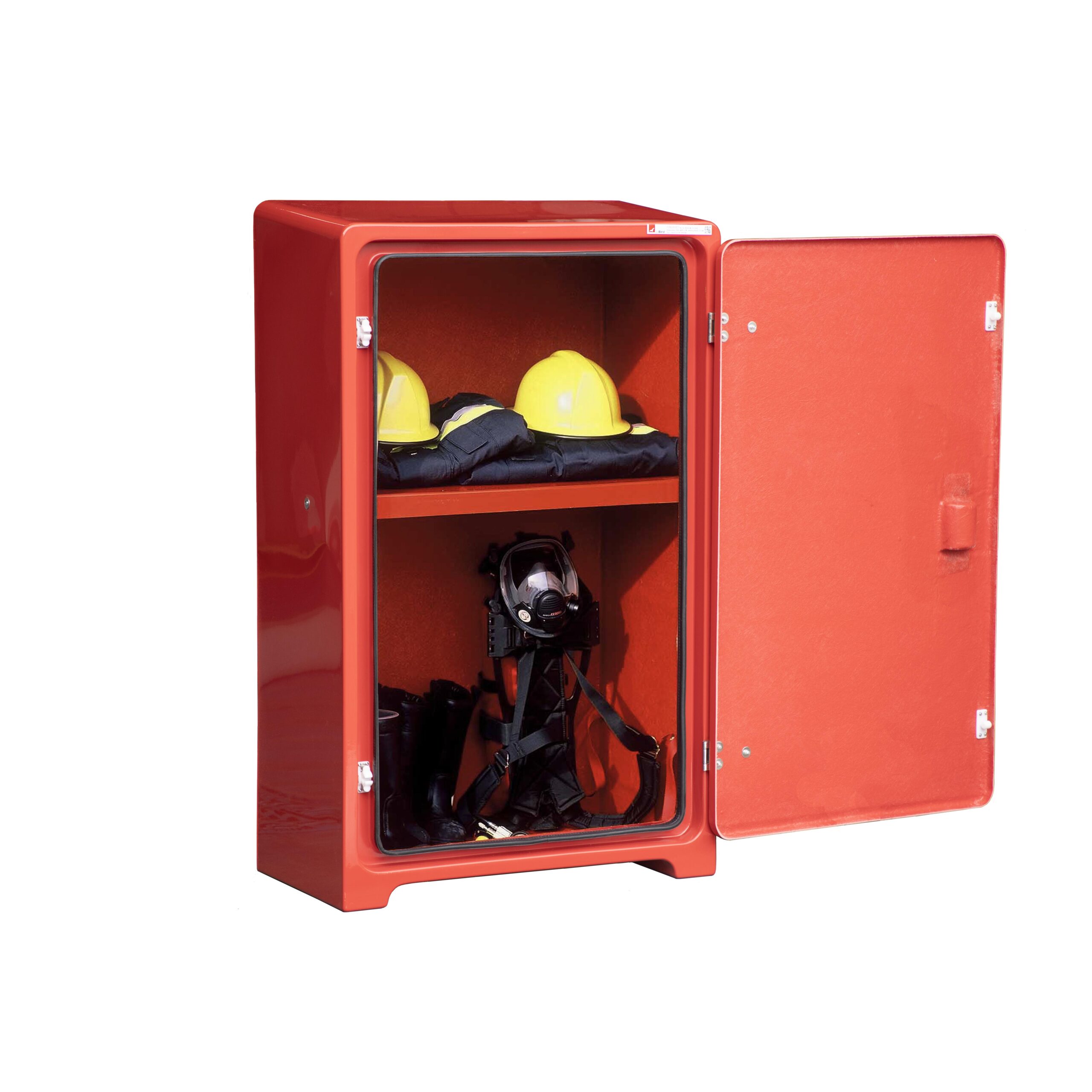 JB08FE Fire fighters equipment cabinet by Jo Bird. Shown with the door open. Please note the shelf and brackets are included but not the equipment shown which is for illustrative purposes only.