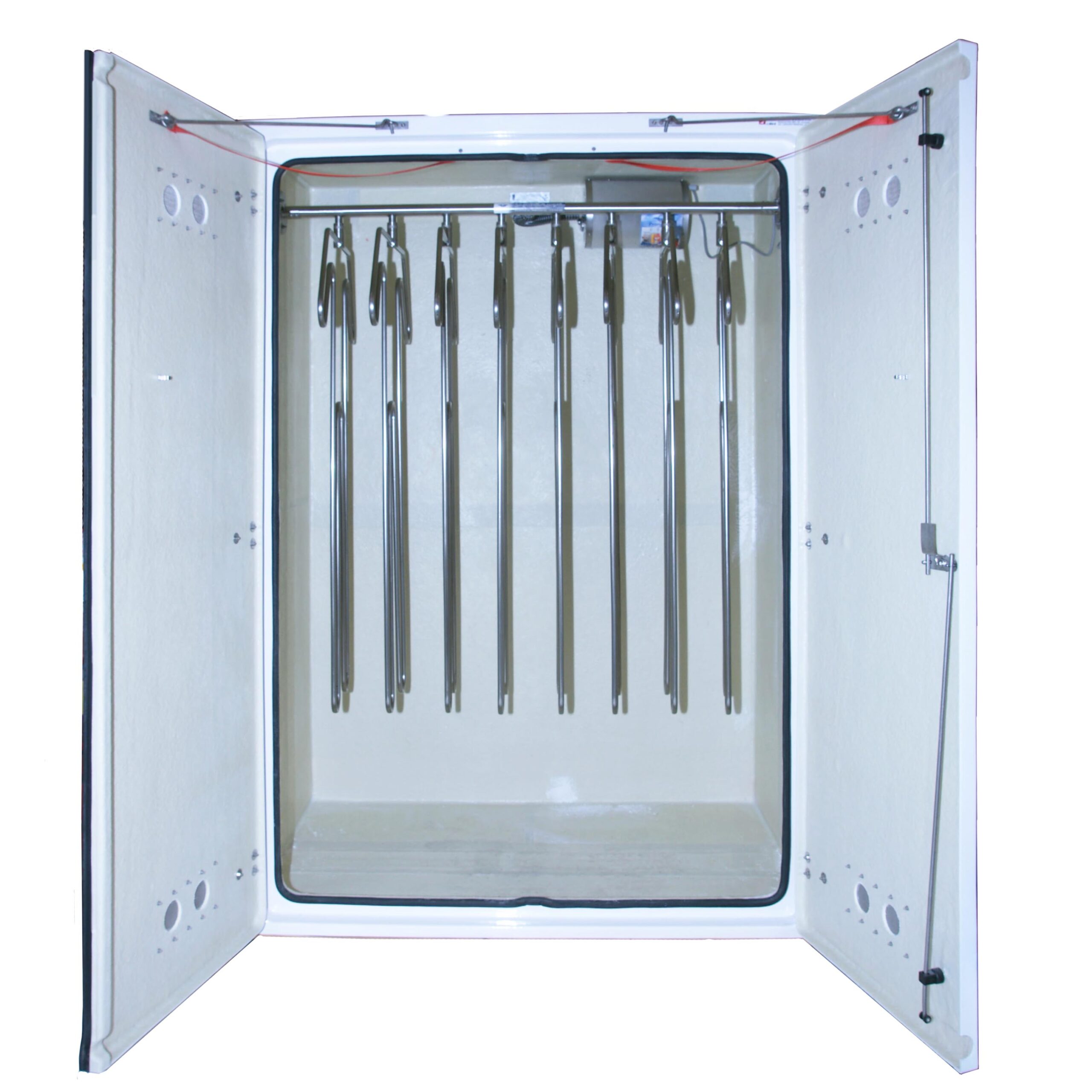 Interior of JB17.950 drying cabinet showing hangers for drying 8 immersion suits or work overalls.