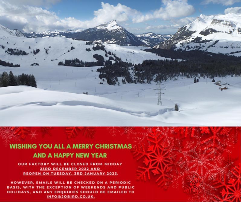 Snowy scene with a Christmas message from Jo Bird and company showing the factory will reopen on the 3rd of January 2023