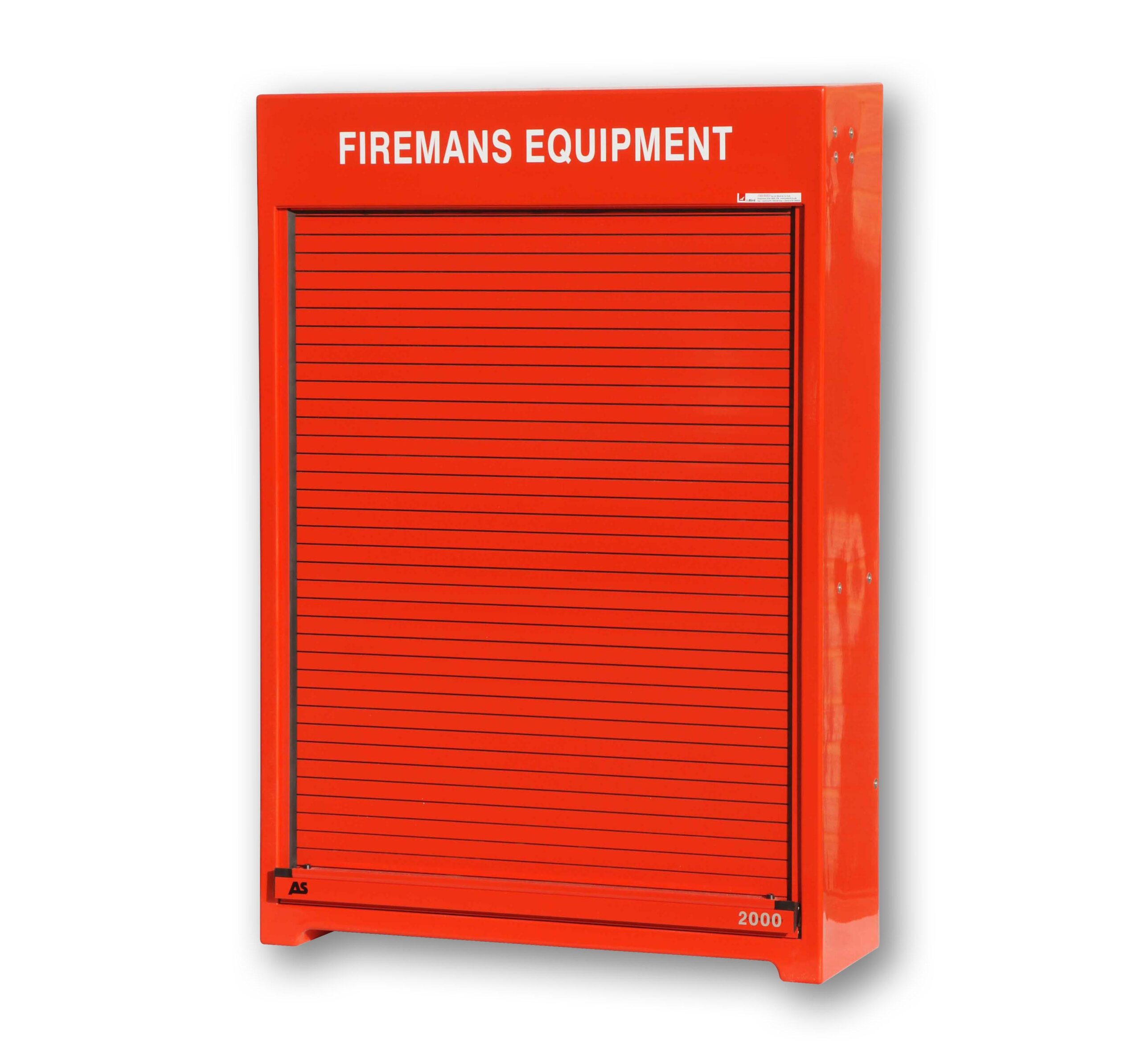 Fire fighter's equipment cabinet shown in red with door closed.