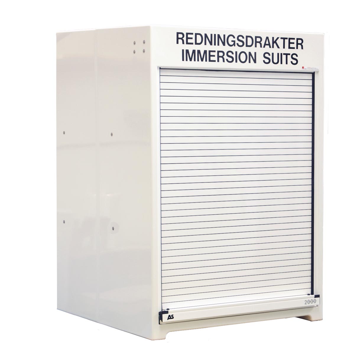 RS300.1400 Roller shutter cabinet by Jo Bird. Shown in white RAL9010 with Norwegian and English lettering above the door. This one is for immersion suits.