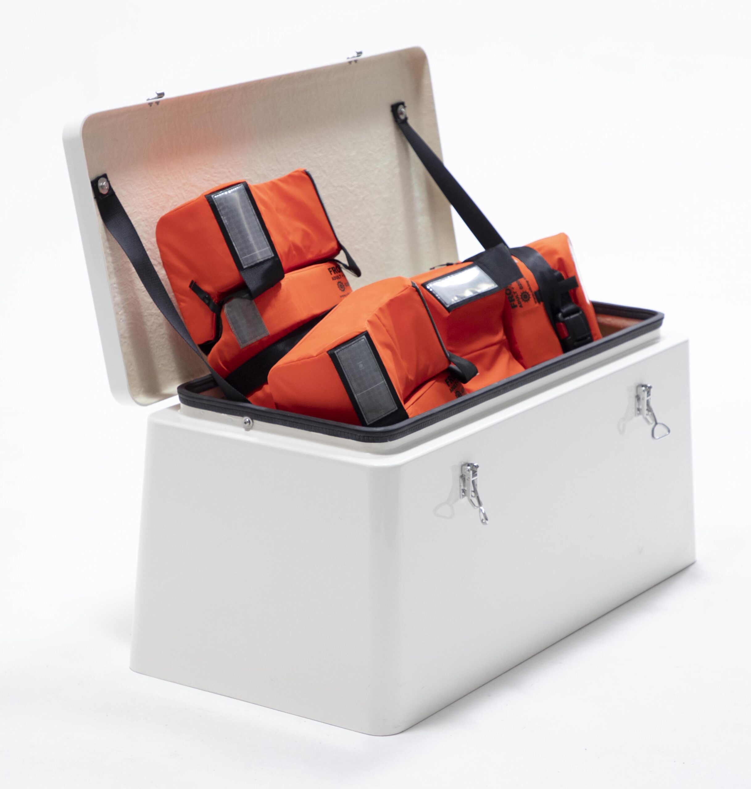 JB93 by Jo Bird with lid in the open position and with lifejackets inside