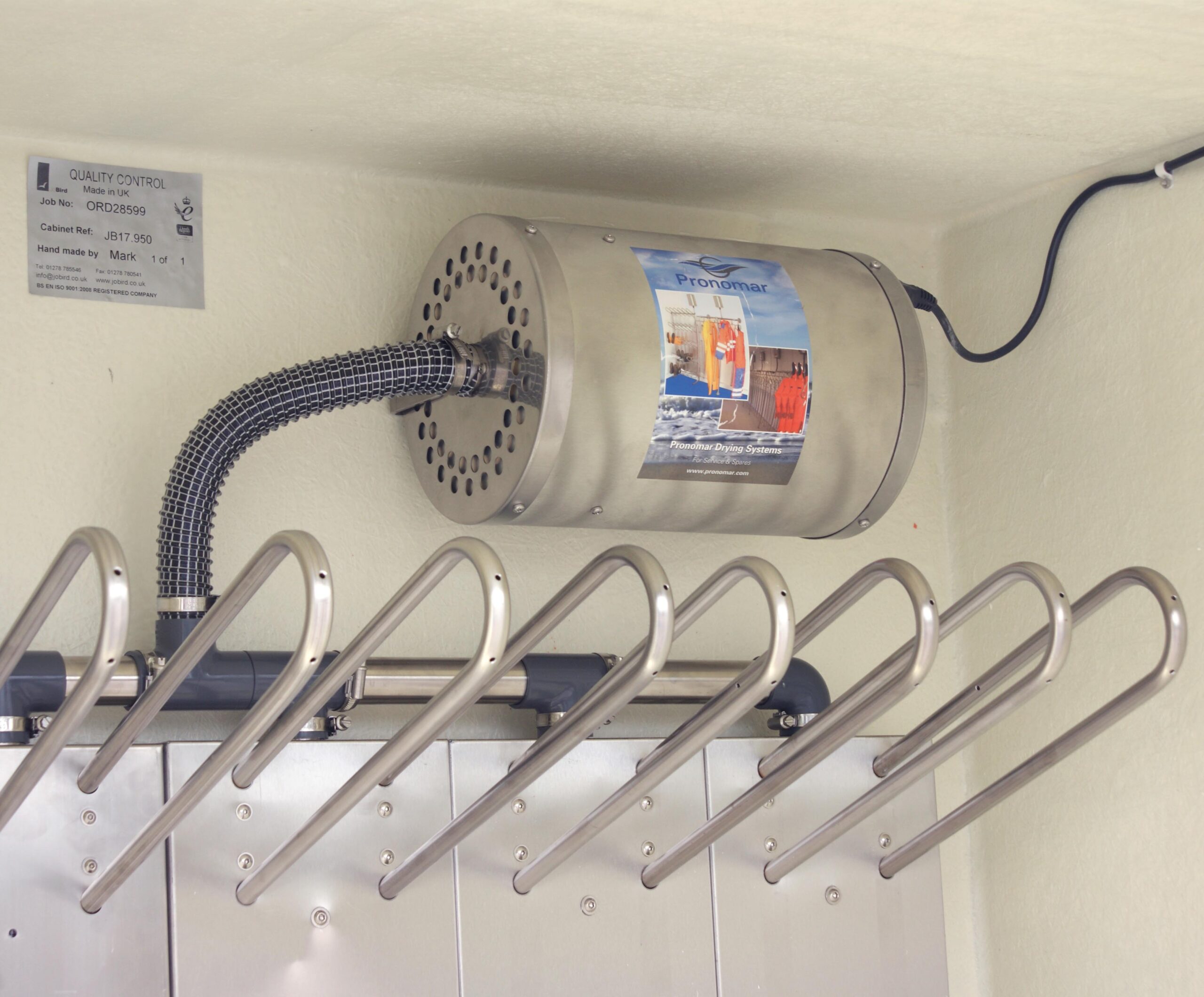 Fan assembly in top right hand corner with boot dryers shown below