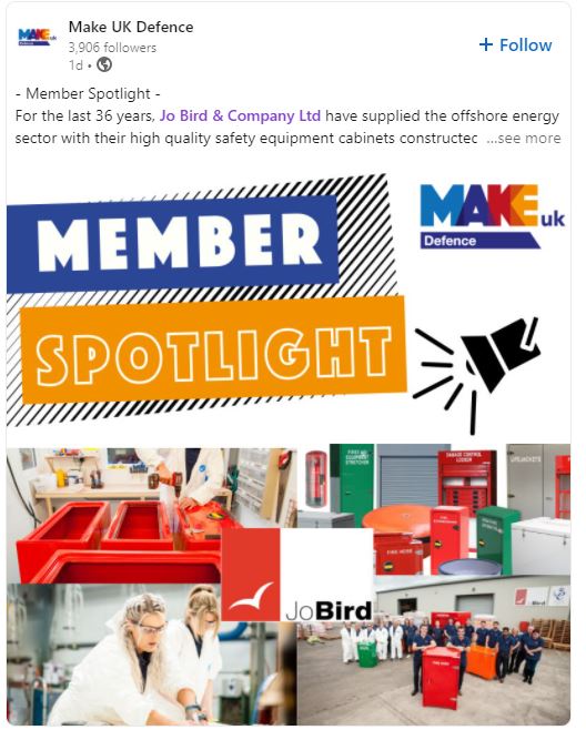Make-UK-Defence-member-spotlight as it appeared on LinkedIn