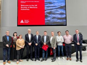 The UK delegation lead by Helen Stephen from the SMI, flanked by the hosts from the port of Antwerp Bruges. The photo was taken in the striking port office reception