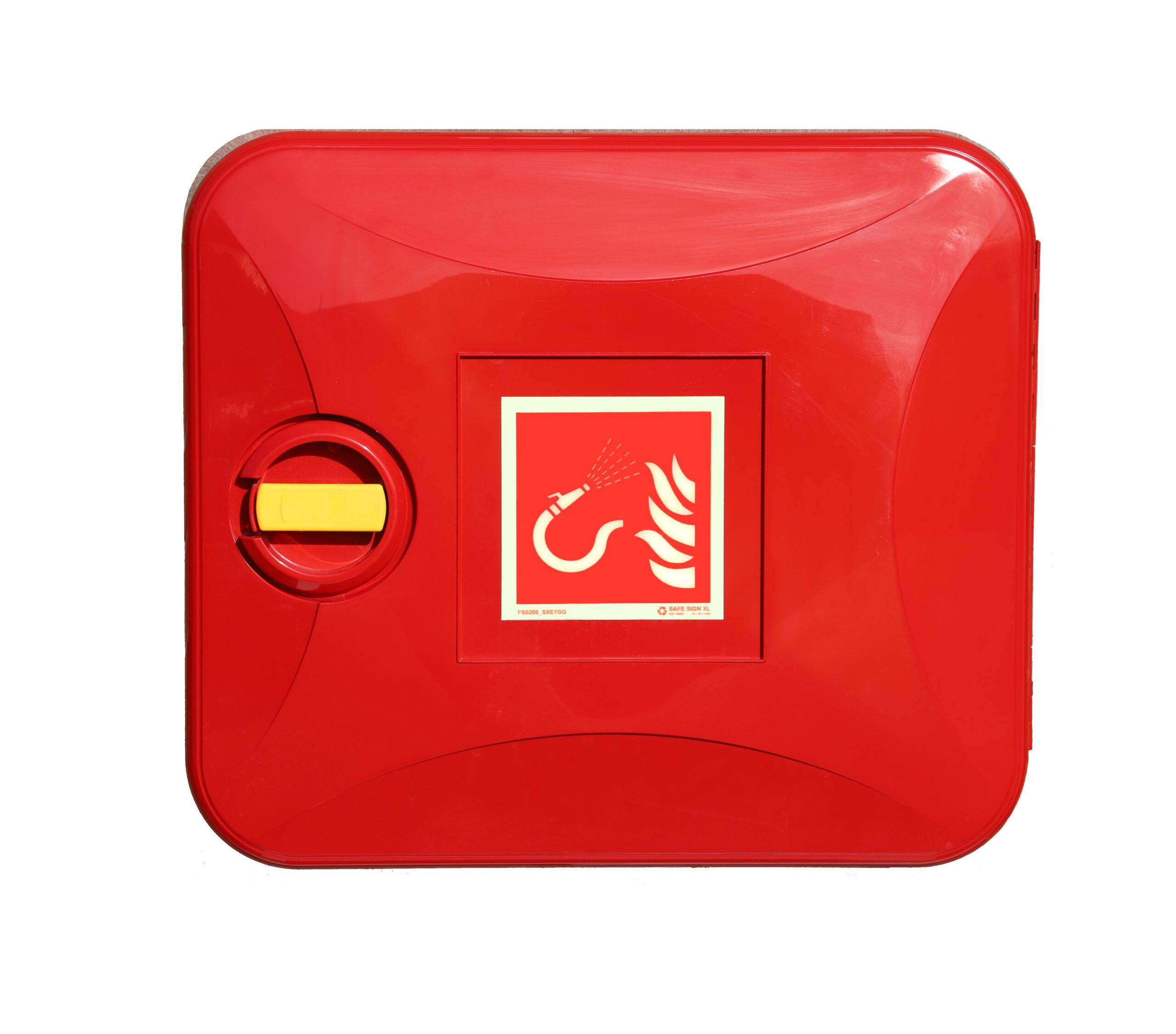 SOS300 w Front view of the SOS300 fire hose cabinet by Jo Bird. This shows the high quality finish and features the photoluminescent IMO apprroved fire hose label which is now supplied as standard.