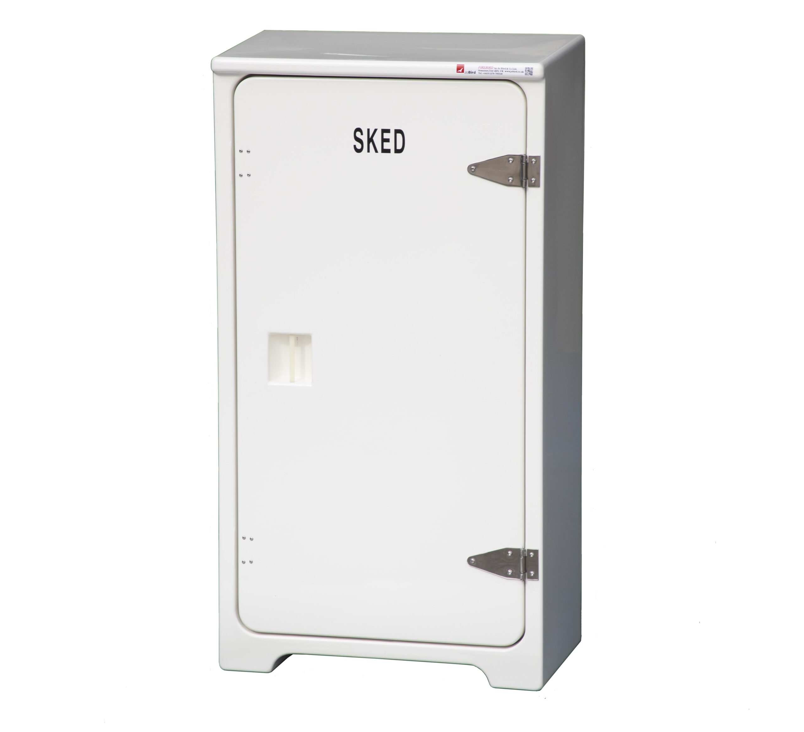 JB14 cabinet for folding stretchers by Jo Bird. Shown in white RAL9010 and labelled "SKED"