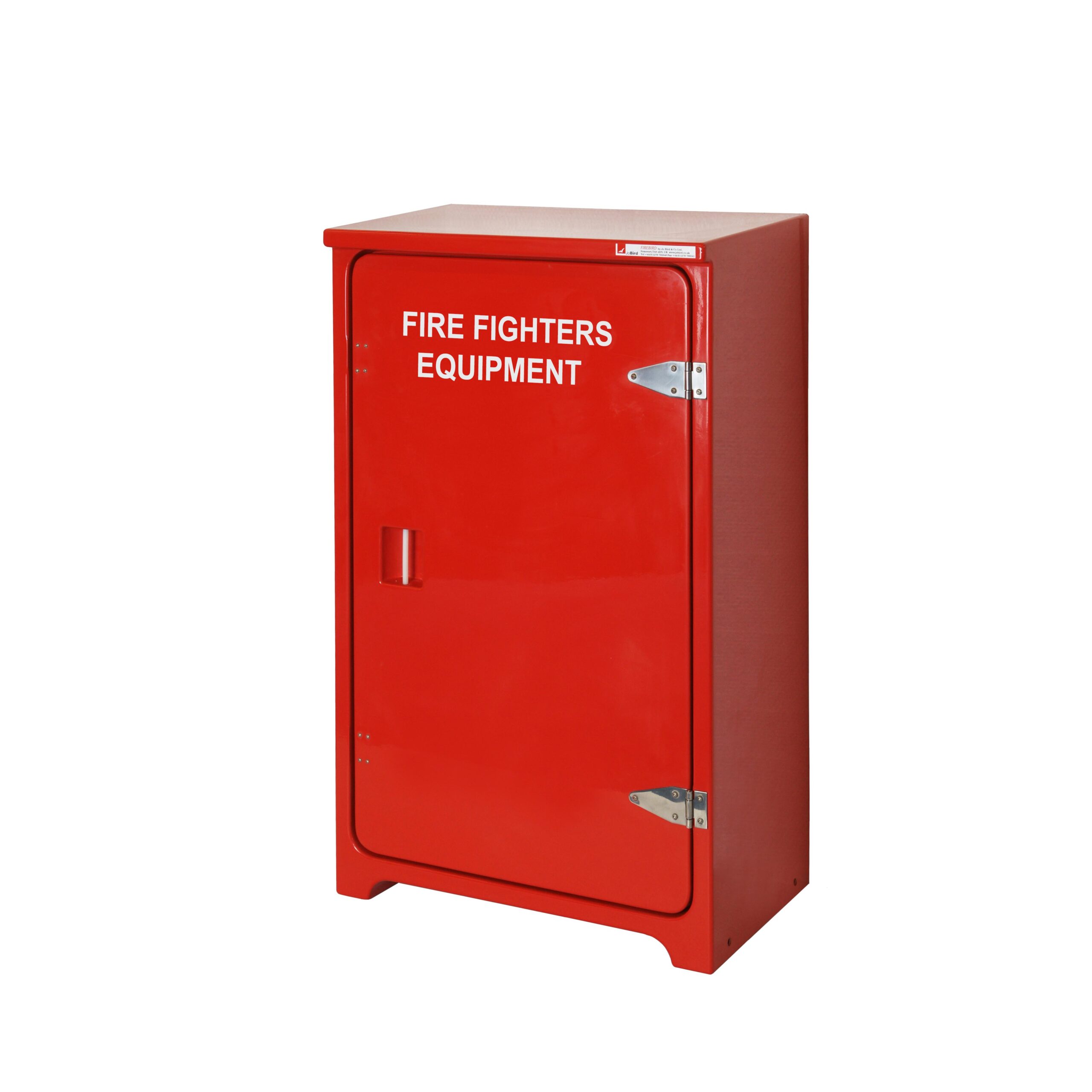 JB10FE fire fighters equipment cabinet by Jo Bird. Shown in red RAL 3000 with white lettering. This cabinet can store one complete set of bunker gear including the uniform and breathing apparatus