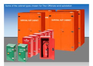 JB29 offshore wind turbine safety equipment cabinet showing some of the contents, Also an image of the types of cabinets to be used on RWE's Thor offshore wind substation