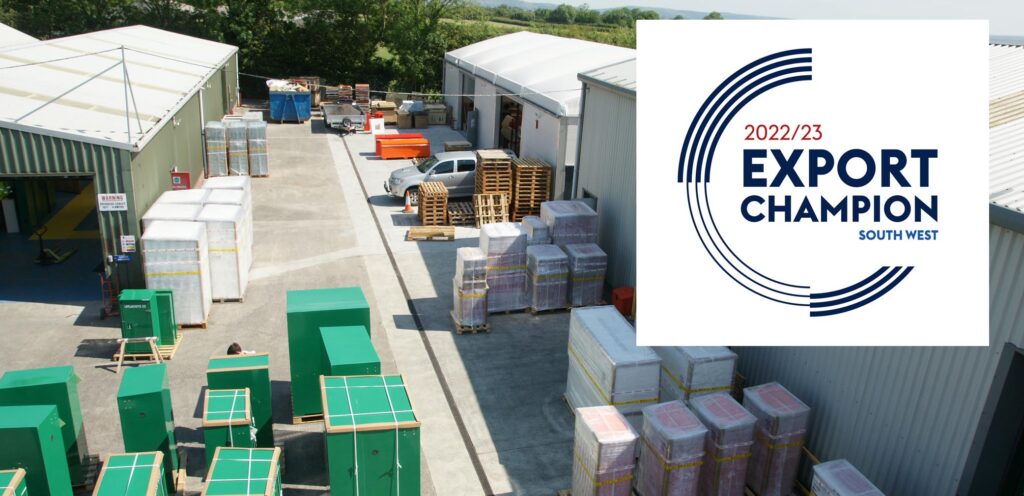 Aerial view of part of the JoBird factory in Somerset with the Export champion logo.