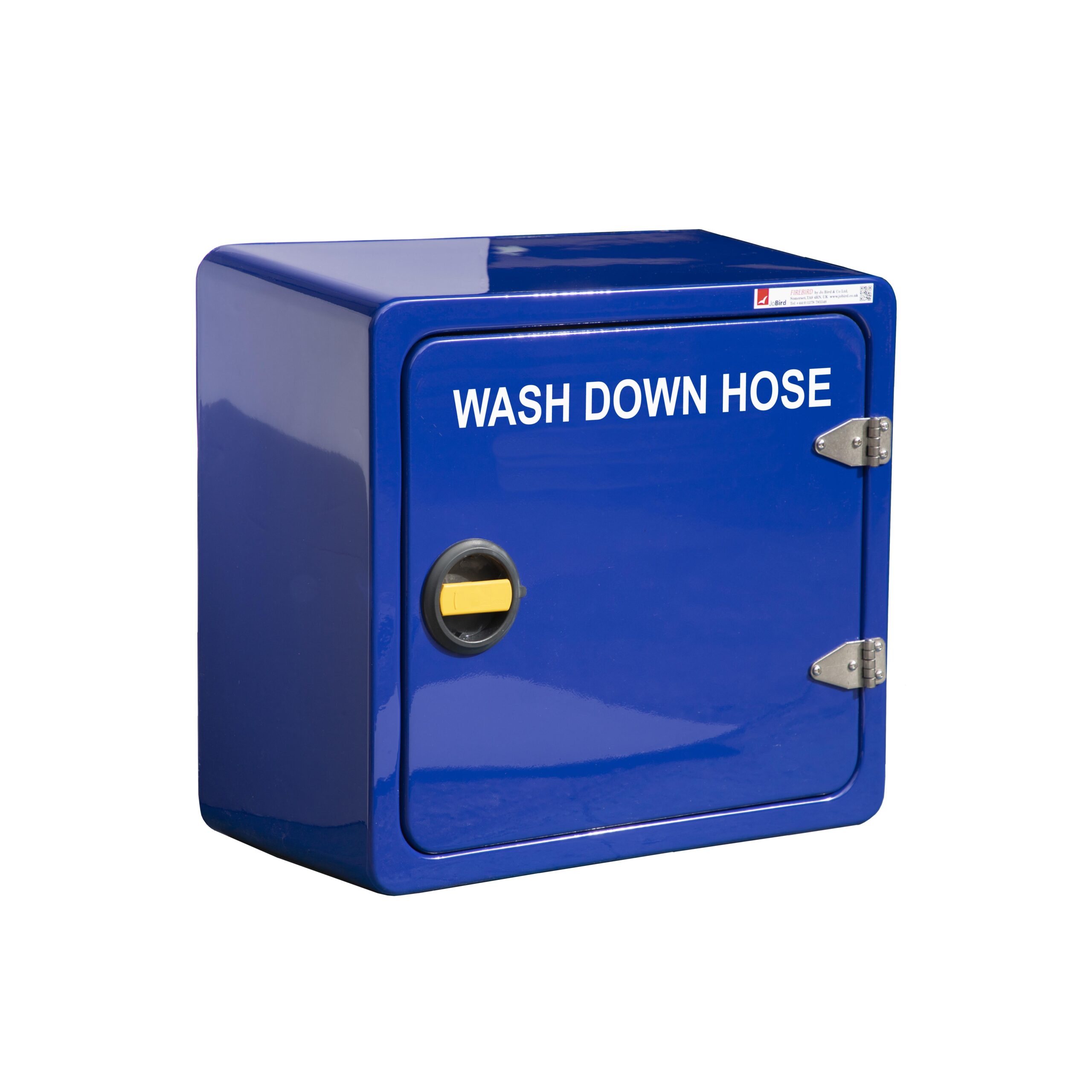 JB85.360H Wash down hose closed JB85.360H Wash down hose cabinet by Jo Bird. Shown in blue RAL5002. The exterior gelcoat contains UV inhibitors and compliment the excellent ingress protection rating of IP56. The cabinet has both Lloyds and American bureau of shipping approvals.