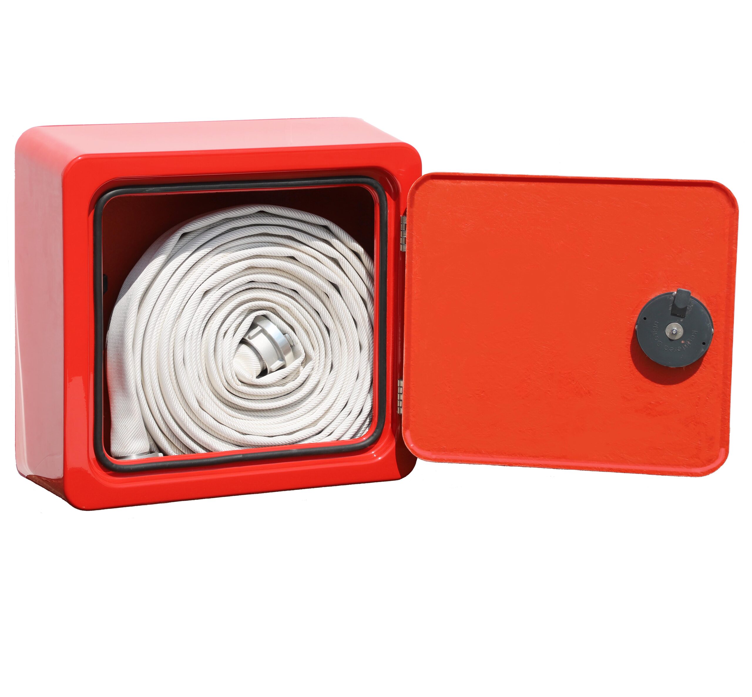 JB80 with door open showing a 25m Fabric hose and marine nozzle