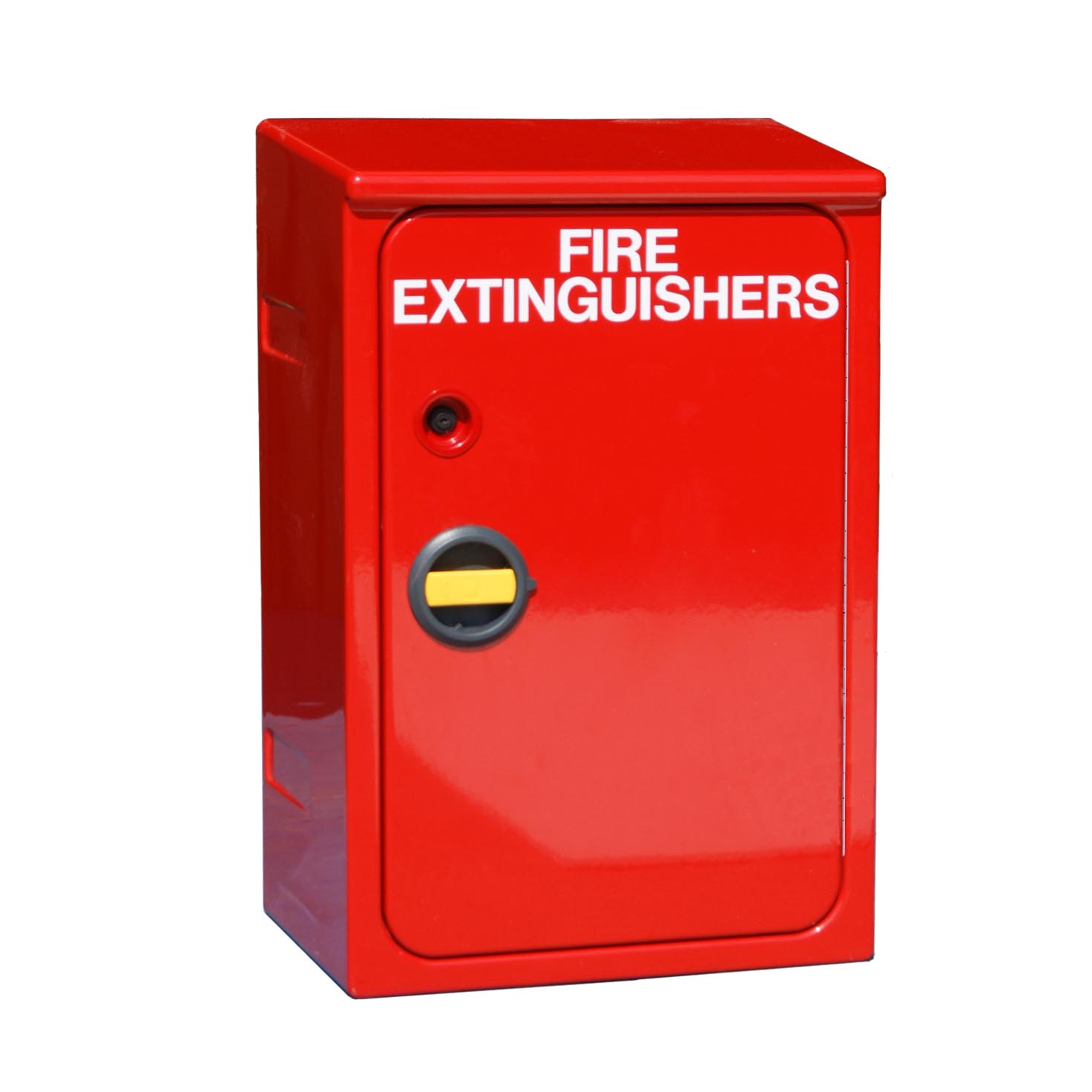 JB83NHS Double fire extinguisher cabinet. This image shows the front view with a lock and the rotary handle