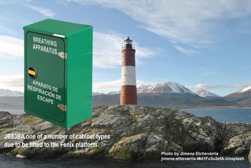 Photo of Tierra del Fuego in Argentina with a photo in the foreground of a JB83BA breathing apparatus cabinet.