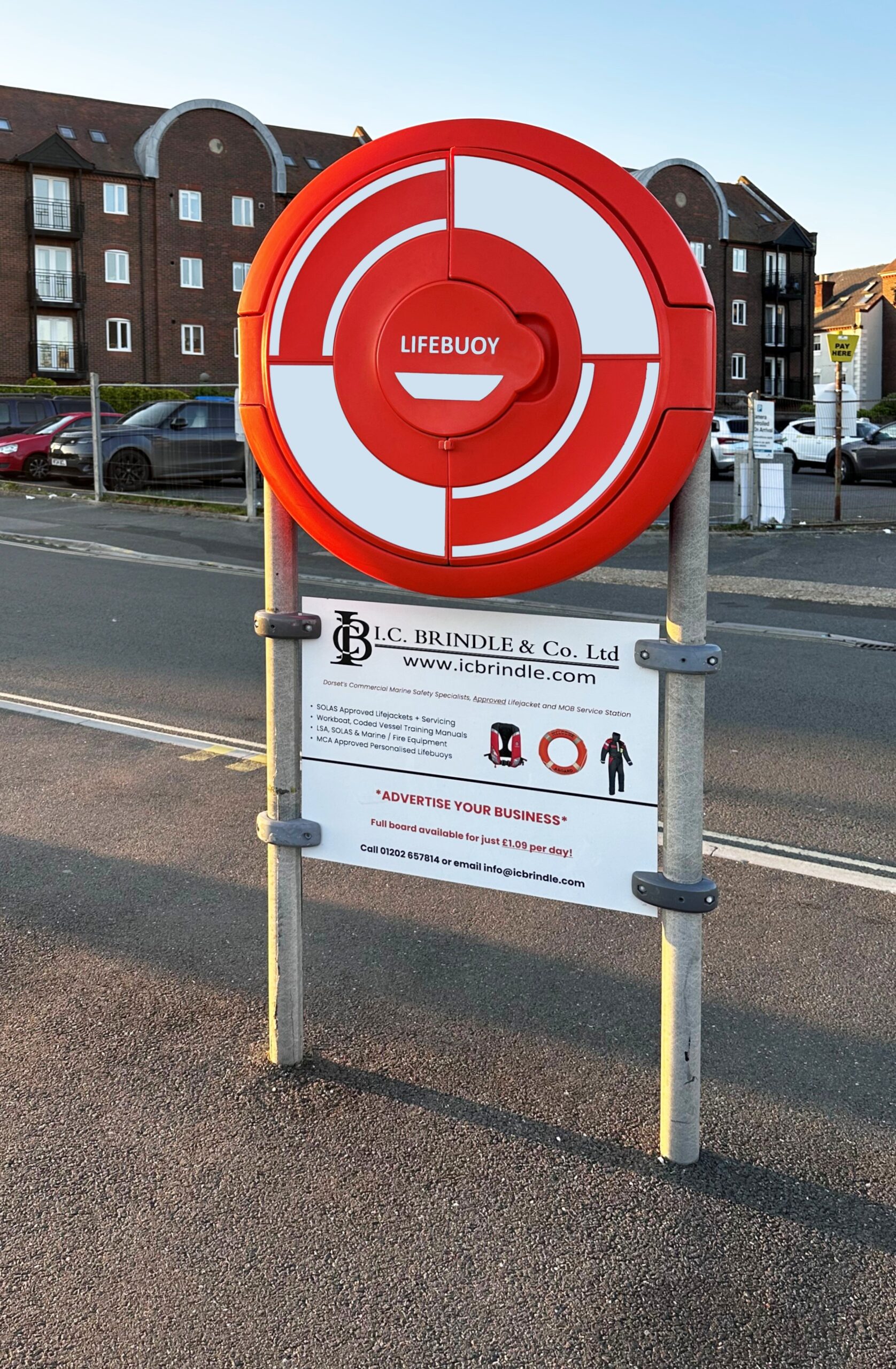 SOS700 in Poole harbour. Shown mounted on GRP poles with a sign board in the middle