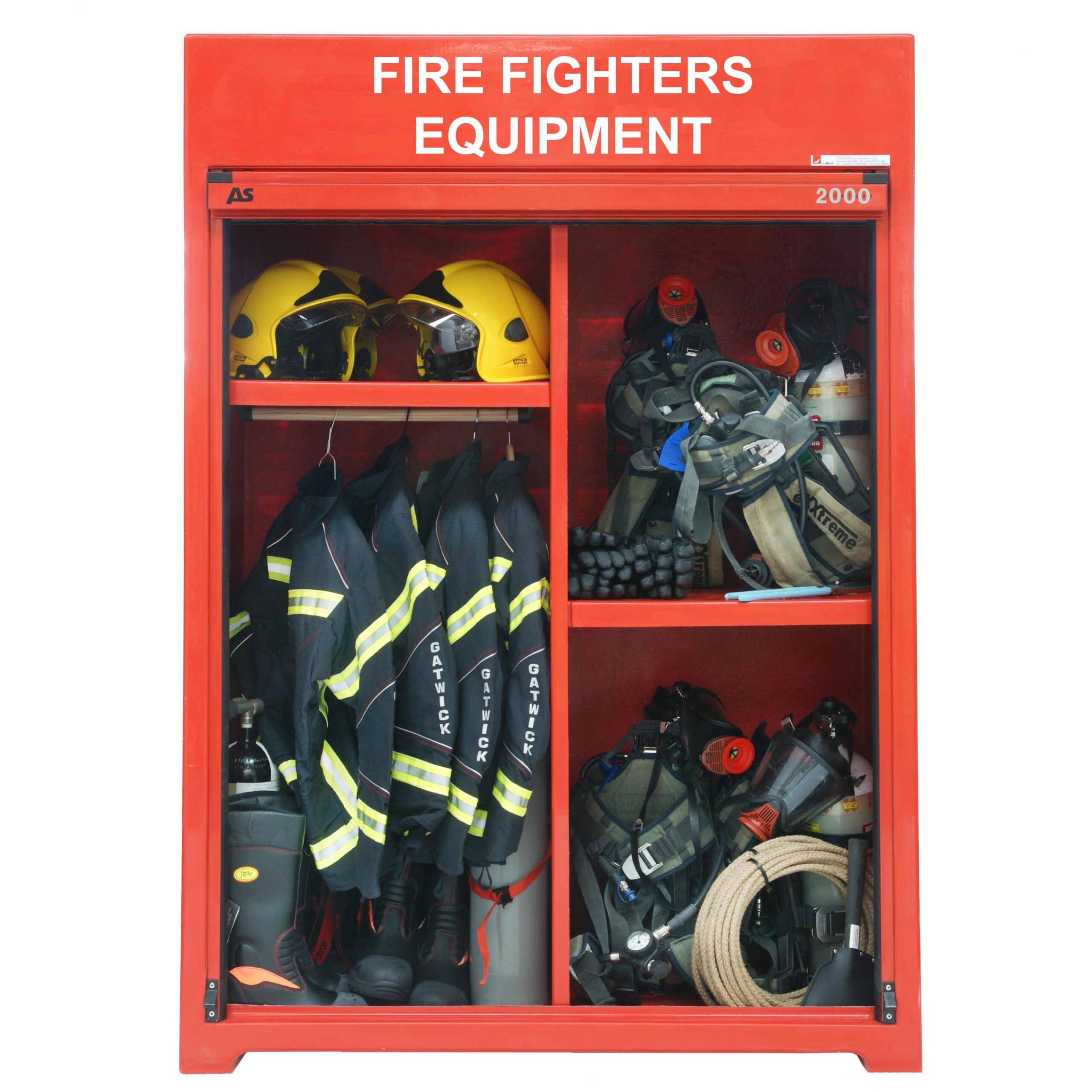 RS300.600FE fire fighter's equipment cabinet. Shown with roller door open and with contents