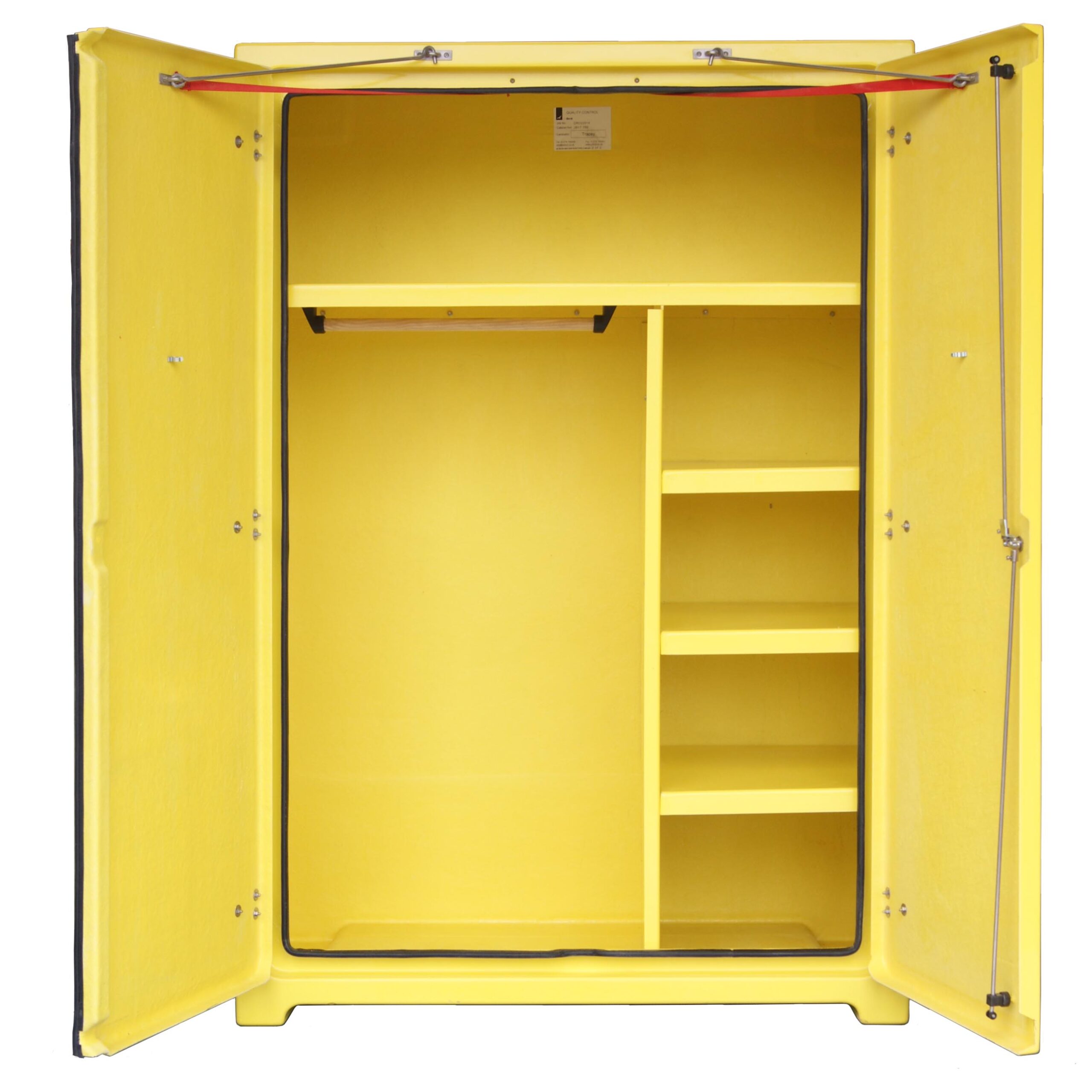 The JB17.750 can be customised for other uses. For example, hear as a man over board (MOB) rescue equipment cabinet. Please note this shows a variety of shelves and a bulkhead with hang rail. It also features 316 stainless steel door stays to lock the doors in the open position. Useful when checking equipment in windy conditions