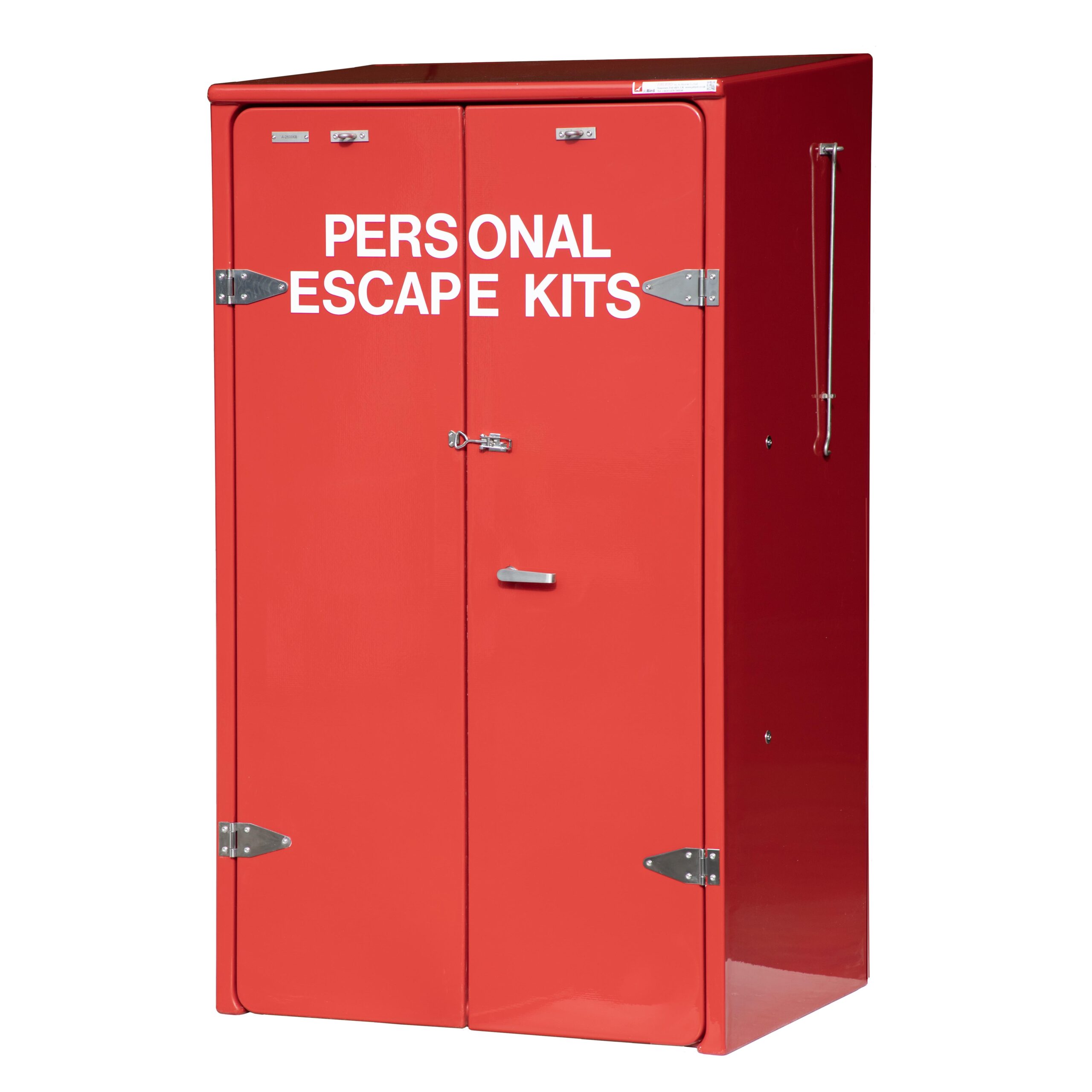 JB18 Double door safety equipment cabinet by JoBird. This example is for personal escape kits and reinforcement for to withstand 45 m/s cyclone wind speeds.