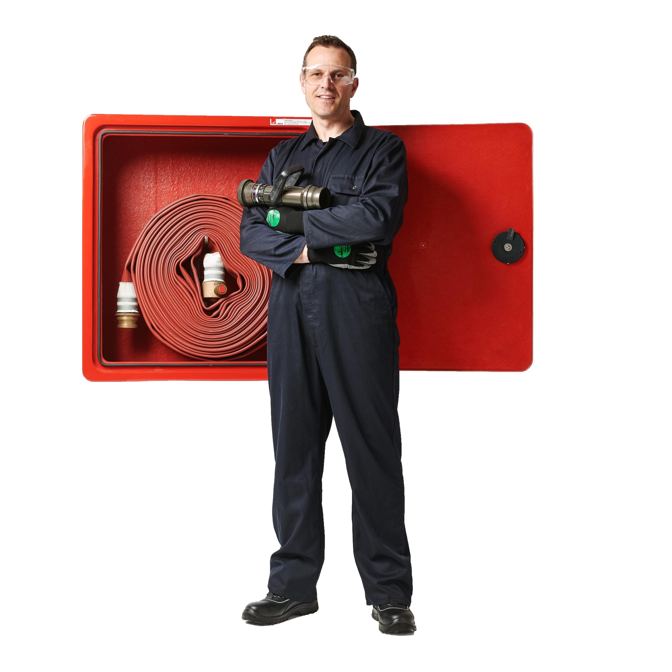 JB02HR fire hose cabinet by Jo Bird. This shows the interior of the cabinet so the stainless steel hose pin can be seen holding the fire hoses in place. This helps to maintain the shape of the hose and means they can be quickly removed in an emergency. The inside of the door locking mechanism can also be seen.