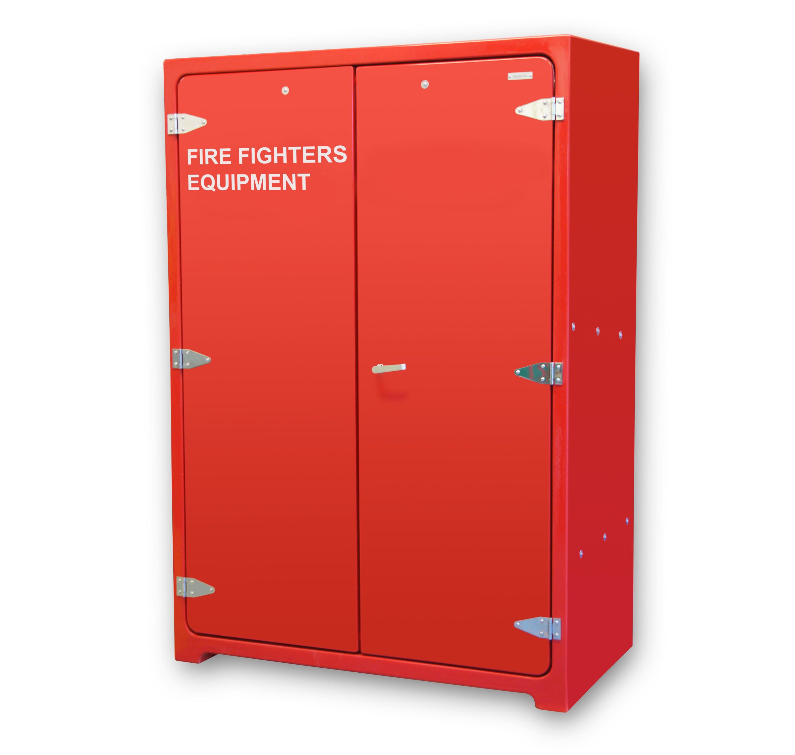 Fire fighter's equipment cabinet shown in red with door closed.