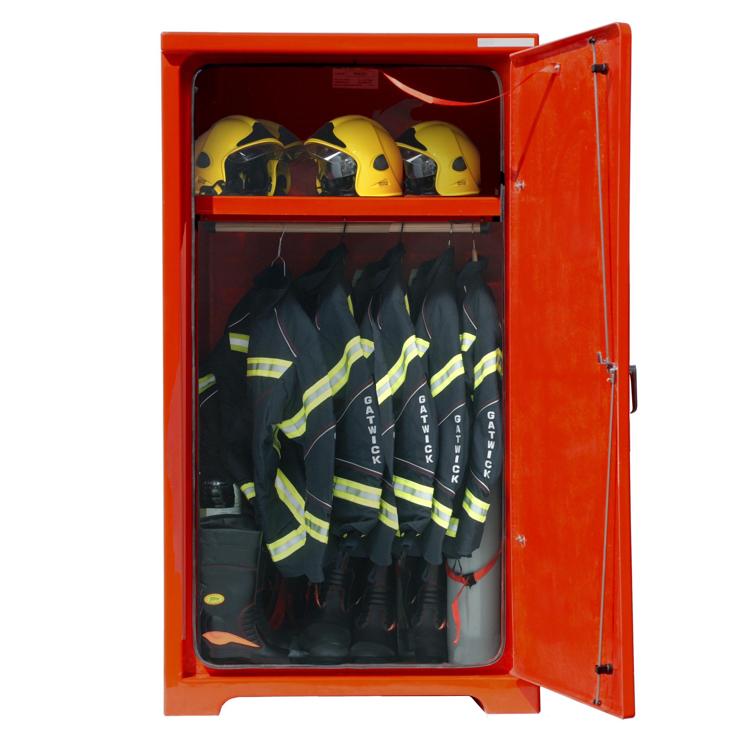 JB18FE Fire fighters equipment cabinet by Jo Bird. Shown with contents