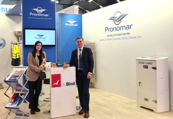 Nina van Sliedregt from Pronomar and Nick Atkins from Jo Bird on the shared exhibition stand at Europort. This shows the stand empty before the event began.