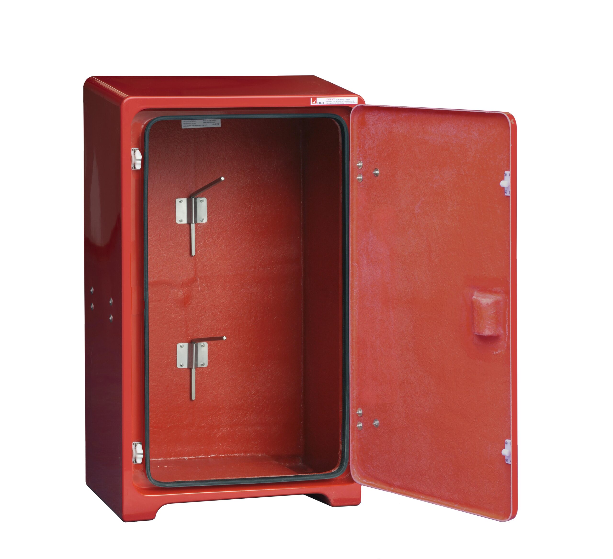 JB10H by Jo Bird showing the door open and the two 316 stainless steel hose pins used to support the fire hoses