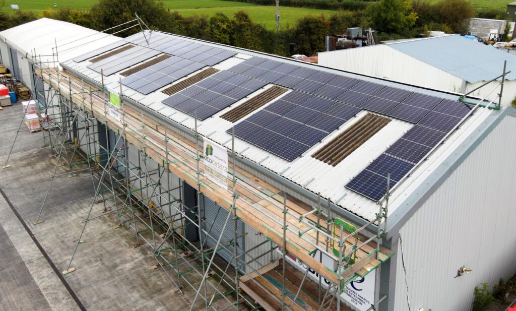 20KW Solar array freshly installed on the Jo Bird warehouse. The scaffolding was still in situ when the photo was taken.