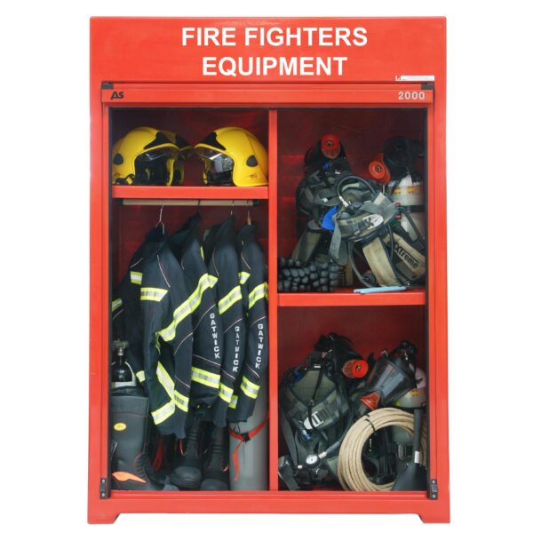 RS300.600FE fire fighter's equipment cabinet. Shown with roller door open and with contents