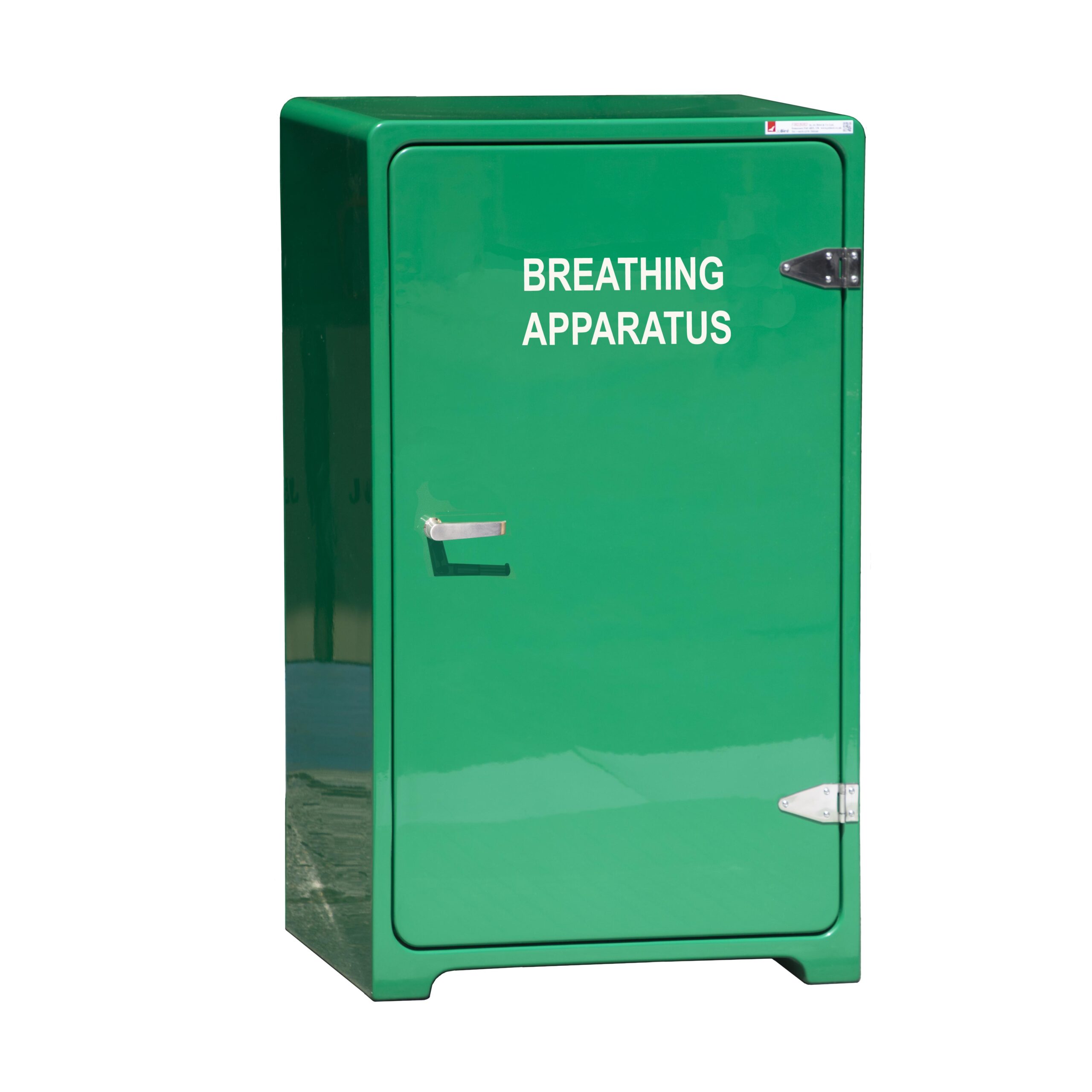 JB08 Breathing apparatus cabinet by Jo Bird. This cabinet can store 4 SCBAs which are securely held by sprung clips. Two above a central shelf and two below. This version is fitted with 316 stainless steel 3 way locking for additional security.