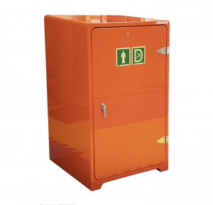 JB29 wind turbine escape equipment cabinet in orange colour showing exterior signage