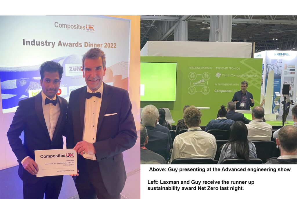 Dr Laxman Sivanathan and Guy Atkins hold the runner up award for sustainability-net zero from Composites UK.