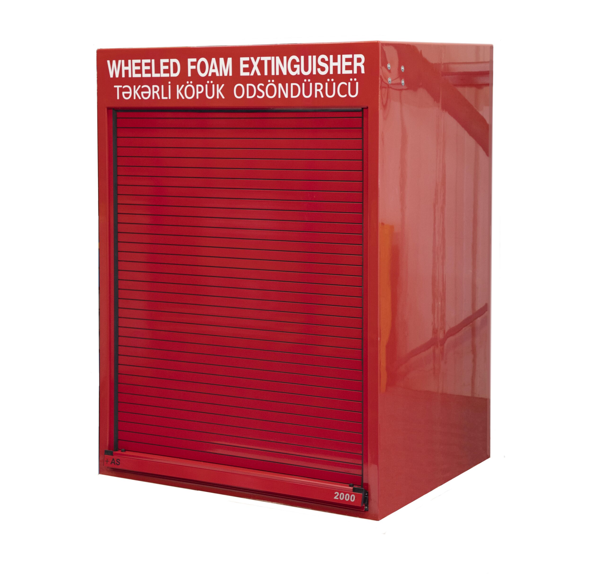 RS300.1200 large fire extinguisher or foam trolley cabinet with roller door. Shown in Red RAL 3000